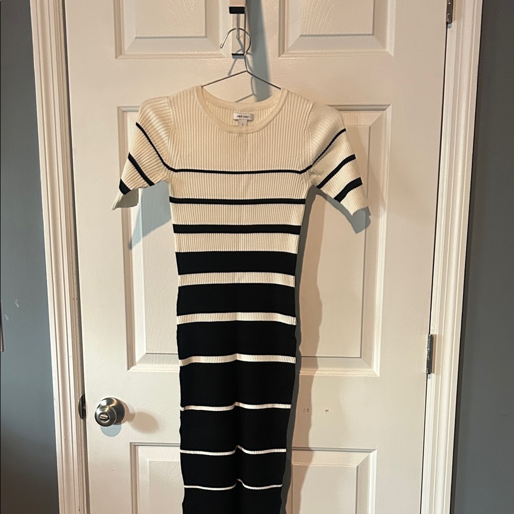 Nine West Black and Cream Striped Midi Dress